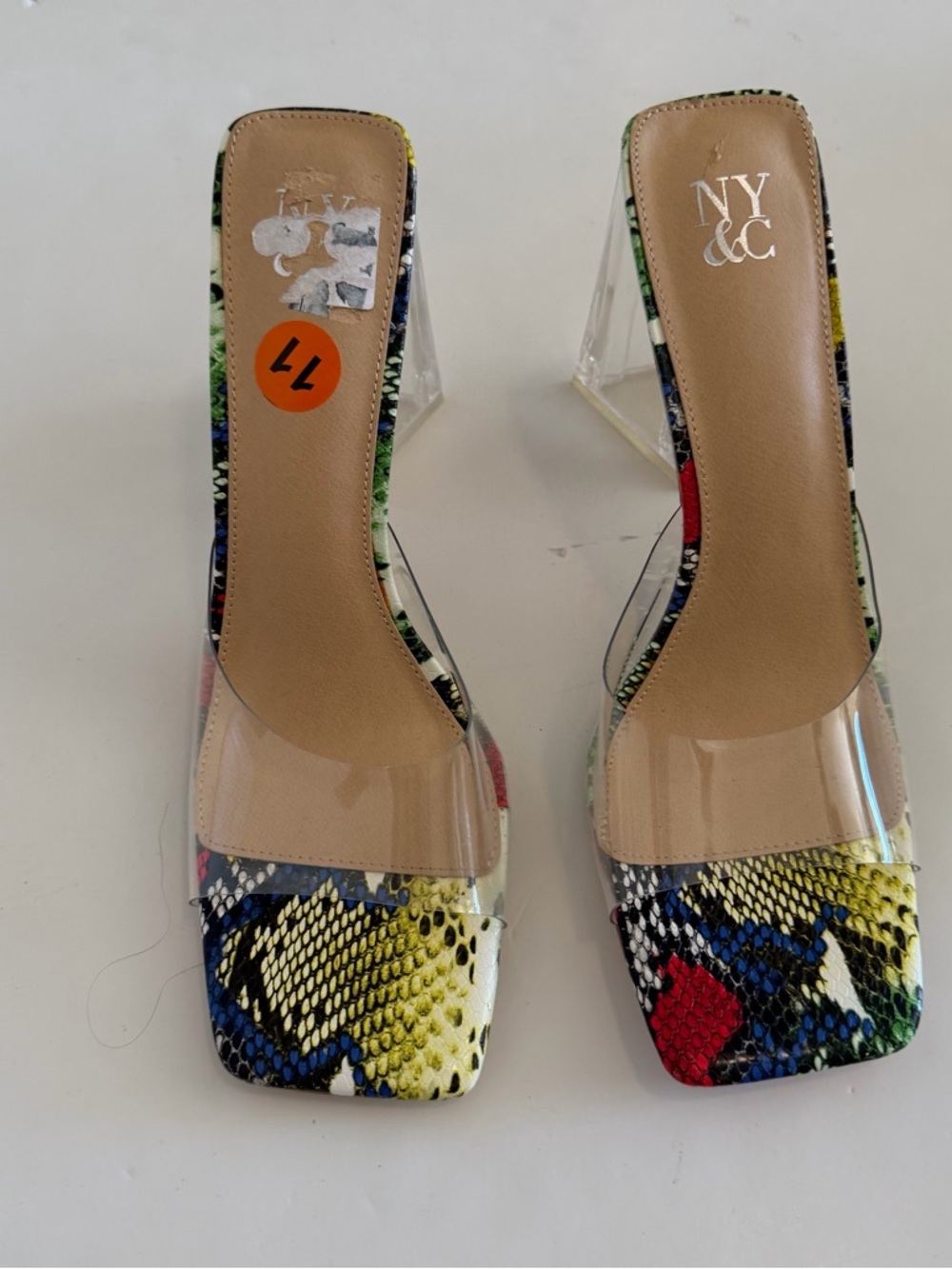 New York & Company Multicolor Snake-Print Clear Strap Slide Heels